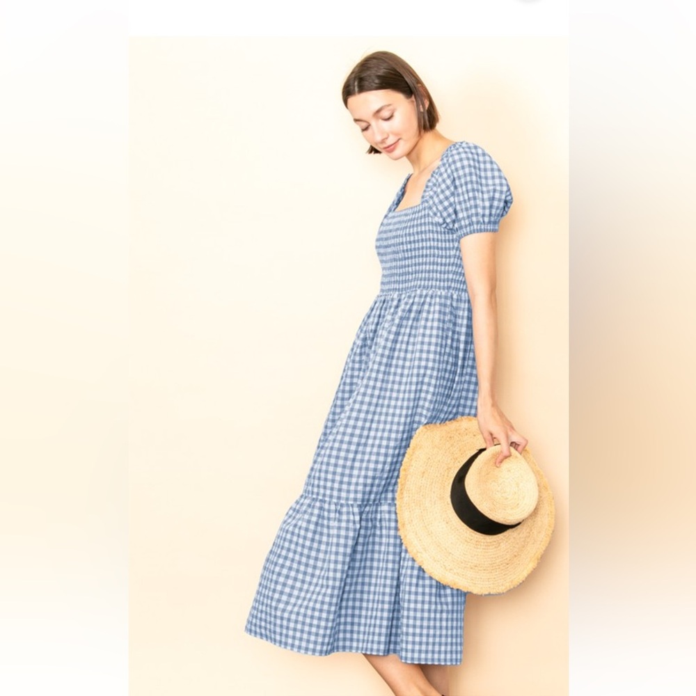 Blue Gingham Puff Sleeves Smocked Midi Dress w/pockets